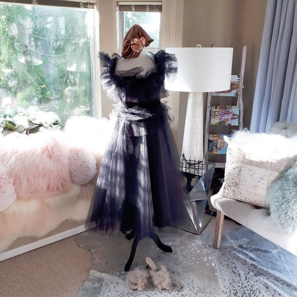 NWOT Imperial Maska Mode black tulle organza tiered ruffle long holiday dress, M - Picture 5 of 14